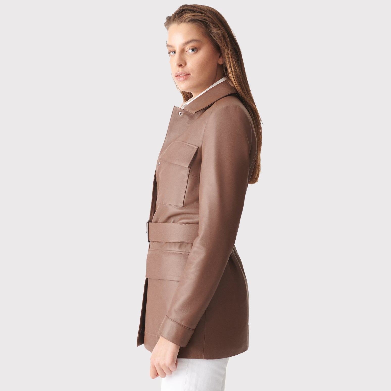 Manteau en cuir véritable marron avec ceinture pour femme