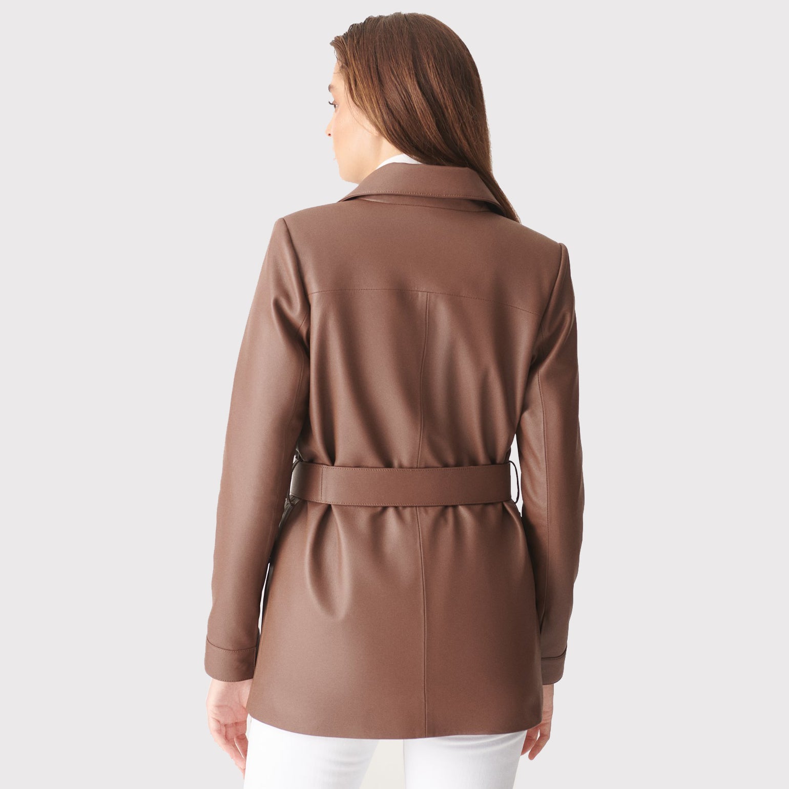 Manteau en cuir véritable marron avec ceinture pour femme