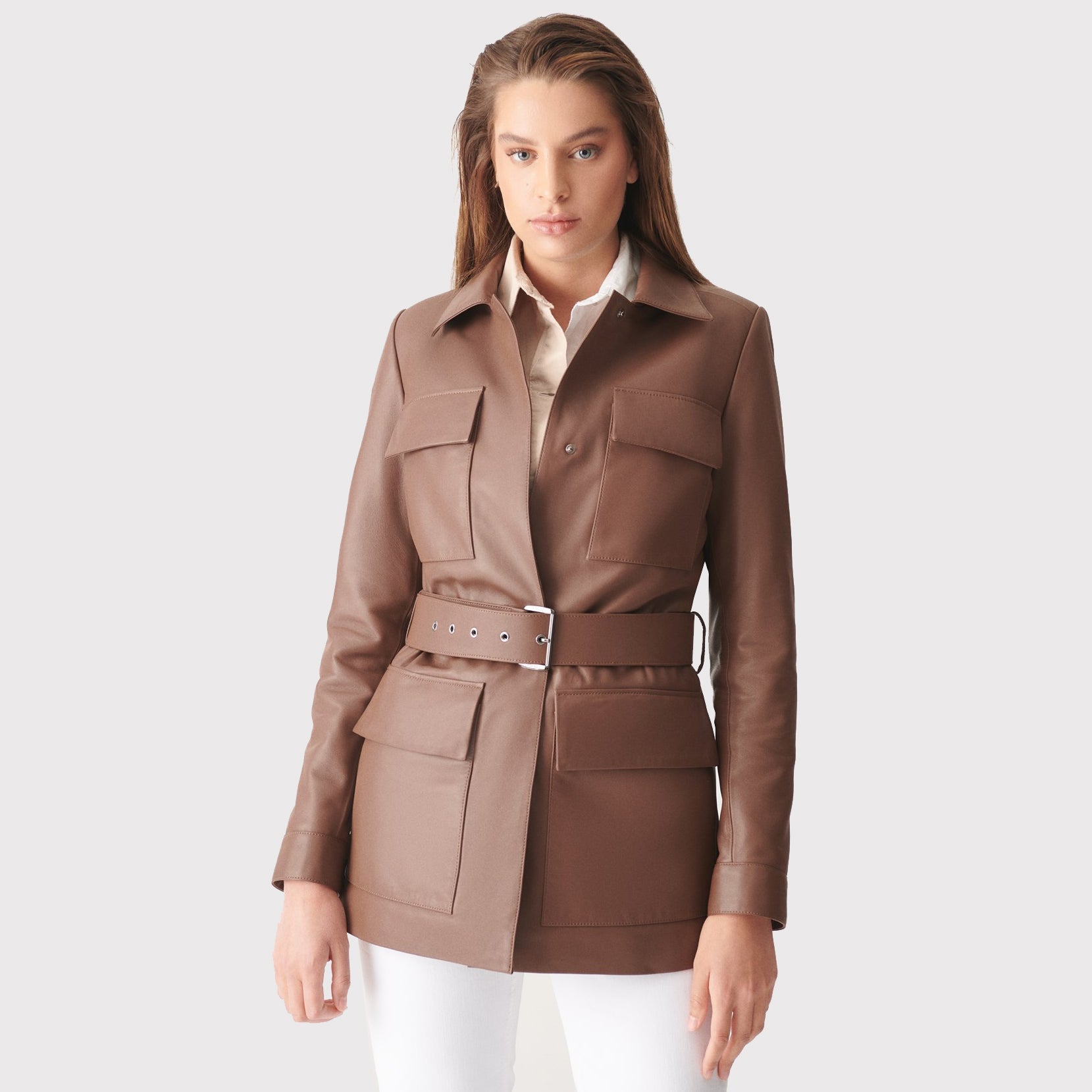 Manteau en cuir véritable marron avec ceinture pour femme