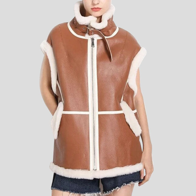 Gilet en fourrure de mouton retourné pour femme en cuir à rayures camel et blanches B3