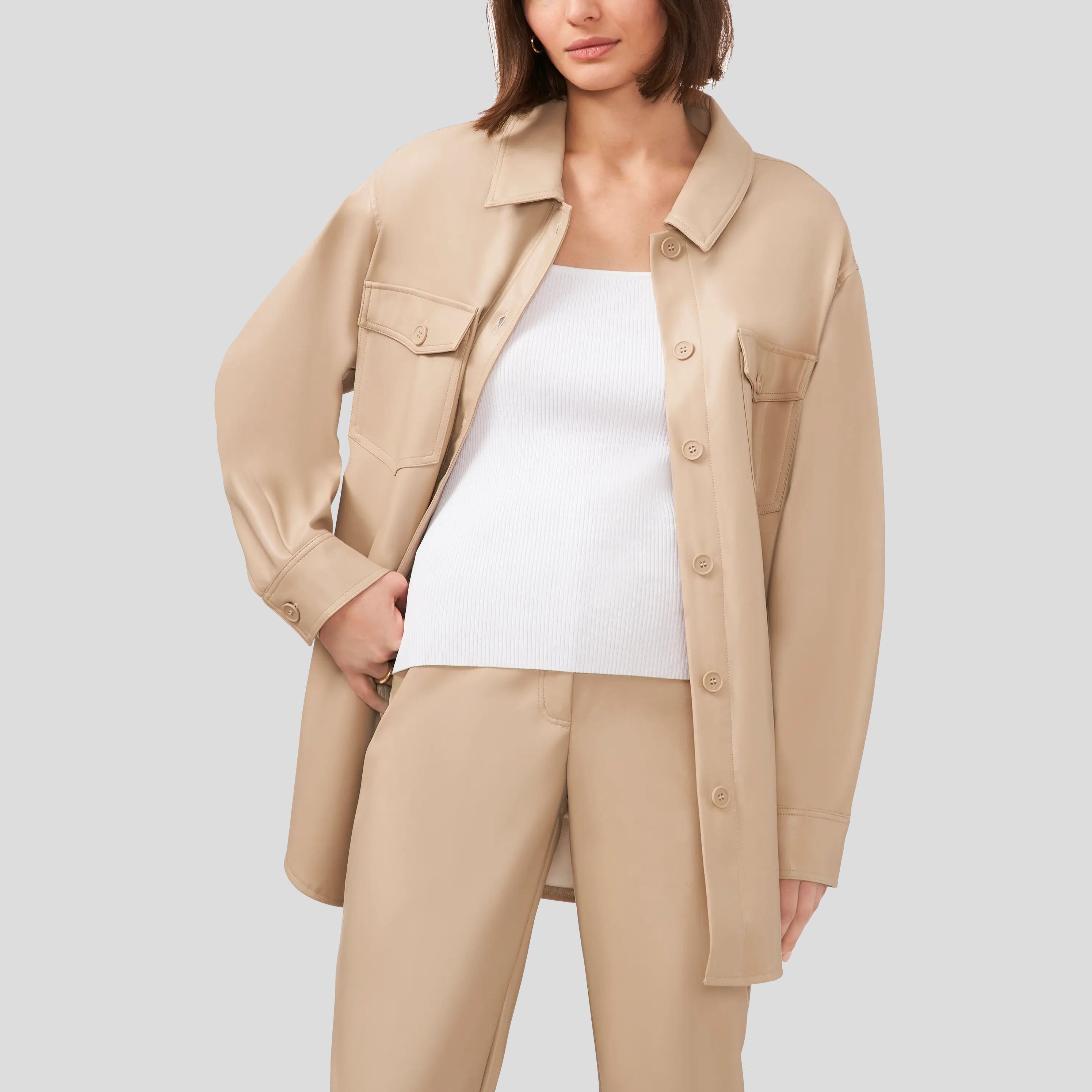 Veste chemise en similicuir pour femme en Oxford Tan