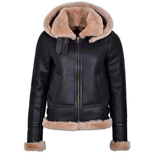 Women Hooded Flying Aviator Leather Jacket