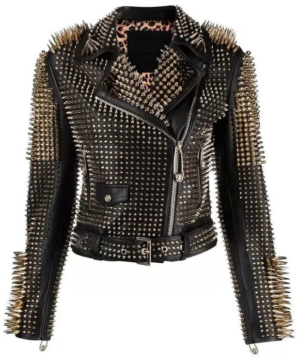 Veste pour femme style punk - Veste longue en cuir de vachette véritable clouté à pointes