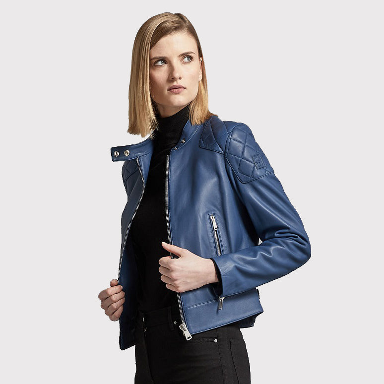 Veste en cuir bleu roi pour femme