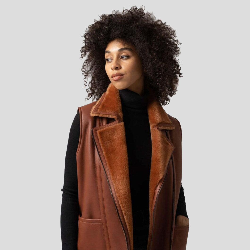 Gilet long en fourrure de mouton pour femme, style aviateur, style bombardier B3, marron clair