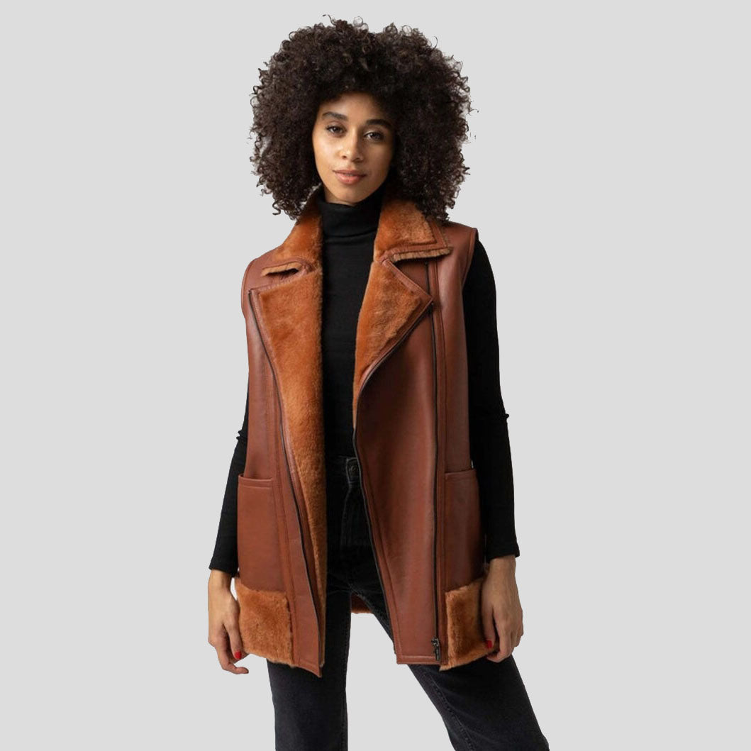 Gilet long en fourrure de mouton pour femme, style aviateur, style bombardier B3, marron clair