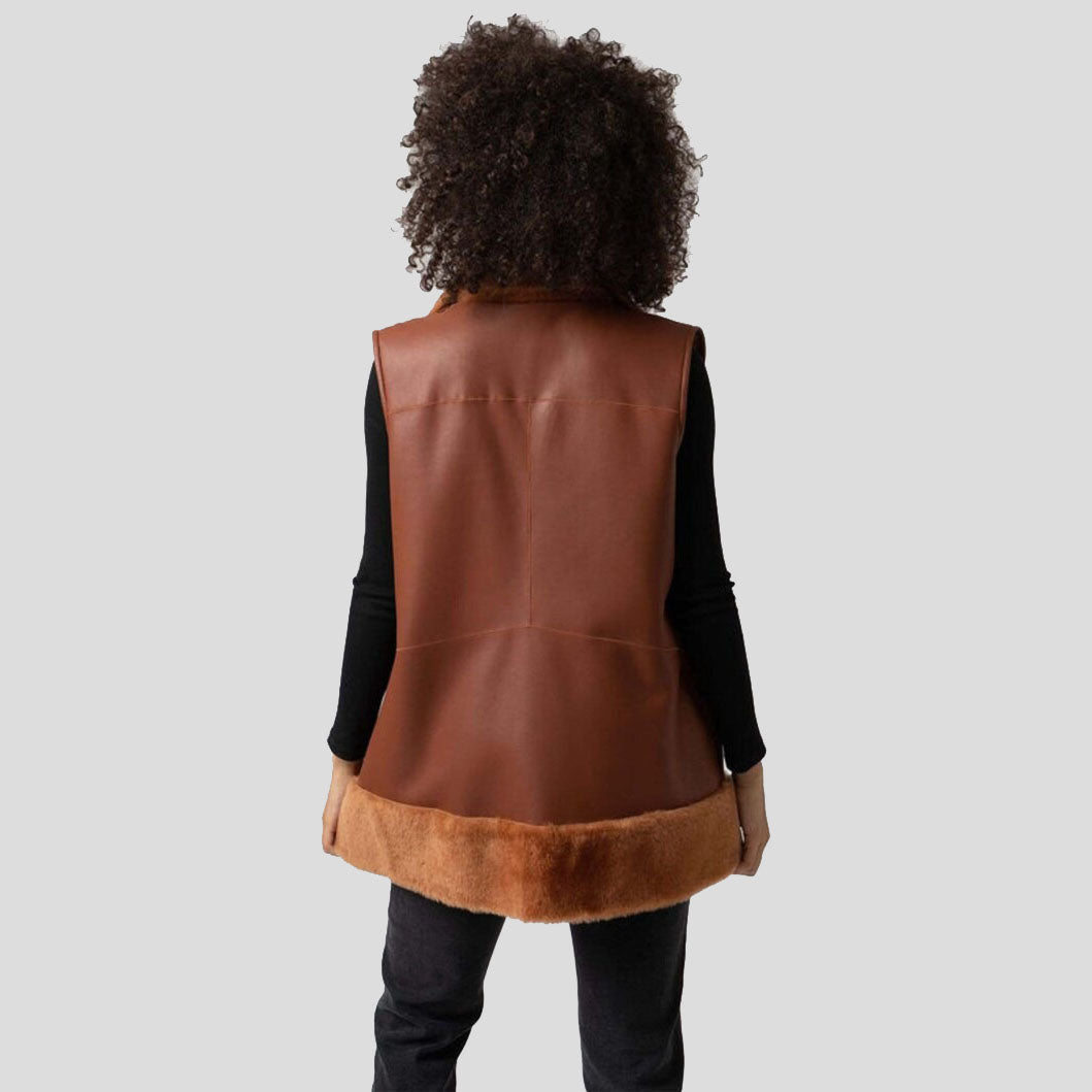 Gilet long en fourrure de mouton pour femme, style aviateur, style bombardier B3, marron clair