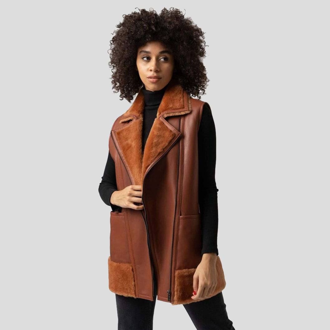 Gilet long en fourrure de mouton pour femme, style aviateur, style bombardier B3, marron clair