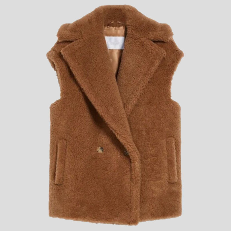 Gilet oversize en laine et peau de mouton pour femme avec ours en peluche