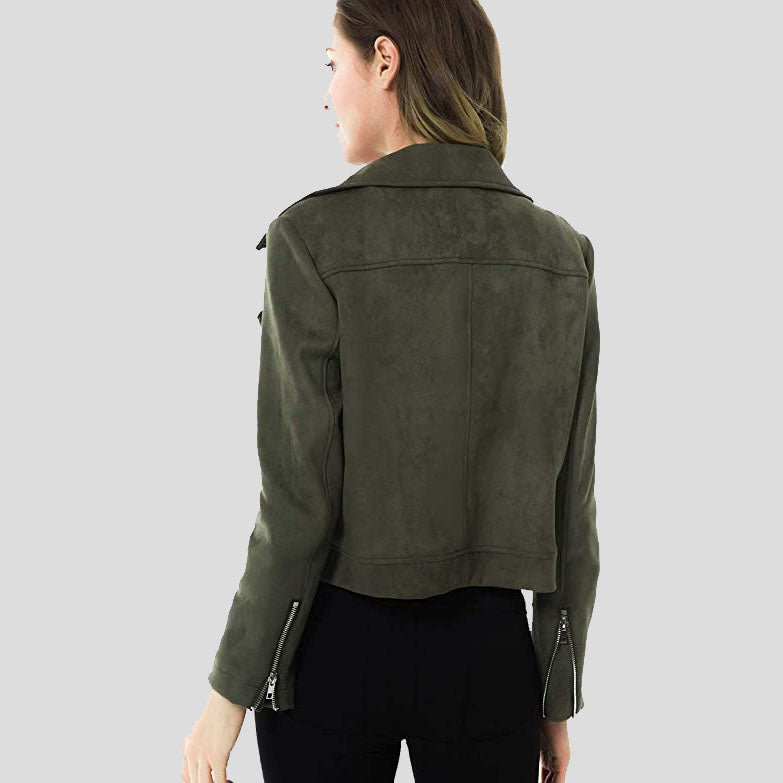 Veste de moto en daim vert armée pour femme