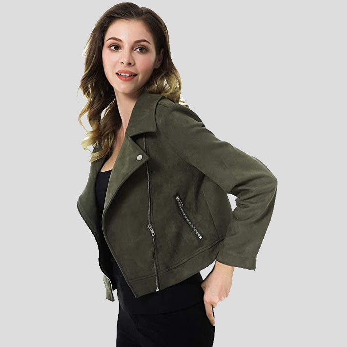 Veste de moto en daim vert armée pour femme