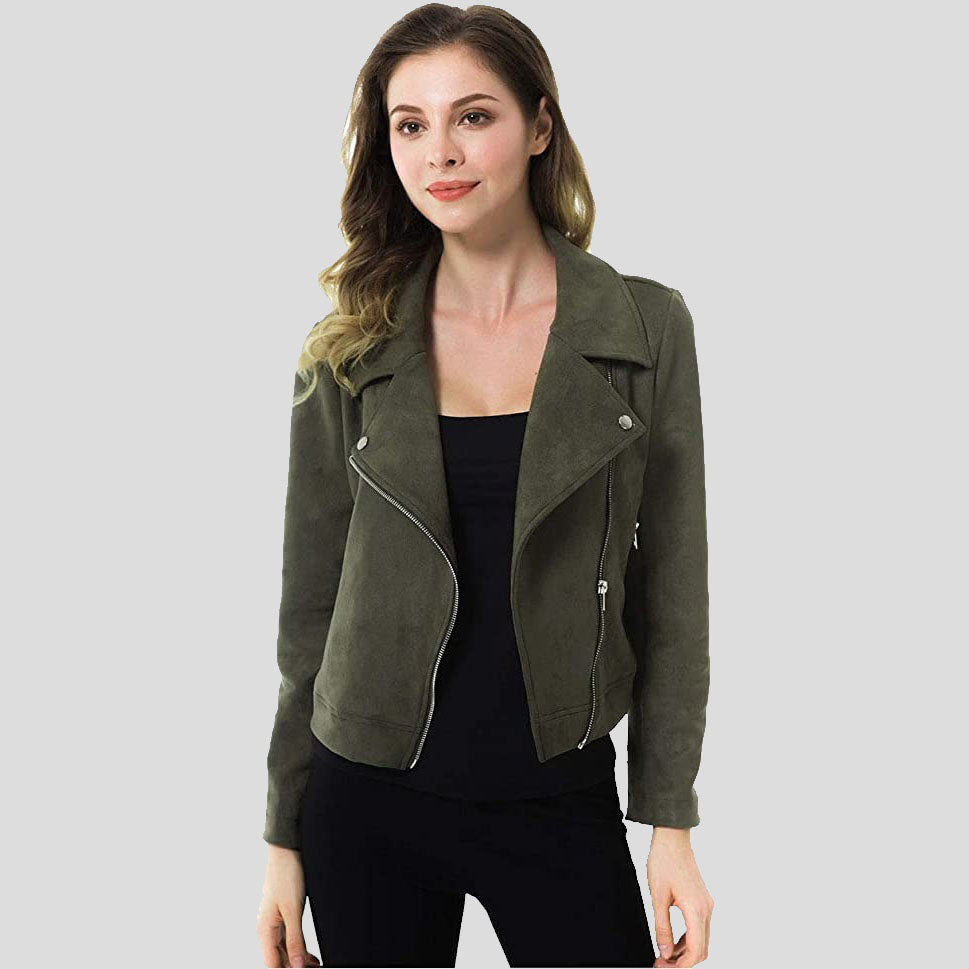 Veste de moto en daim vert armée pour femme