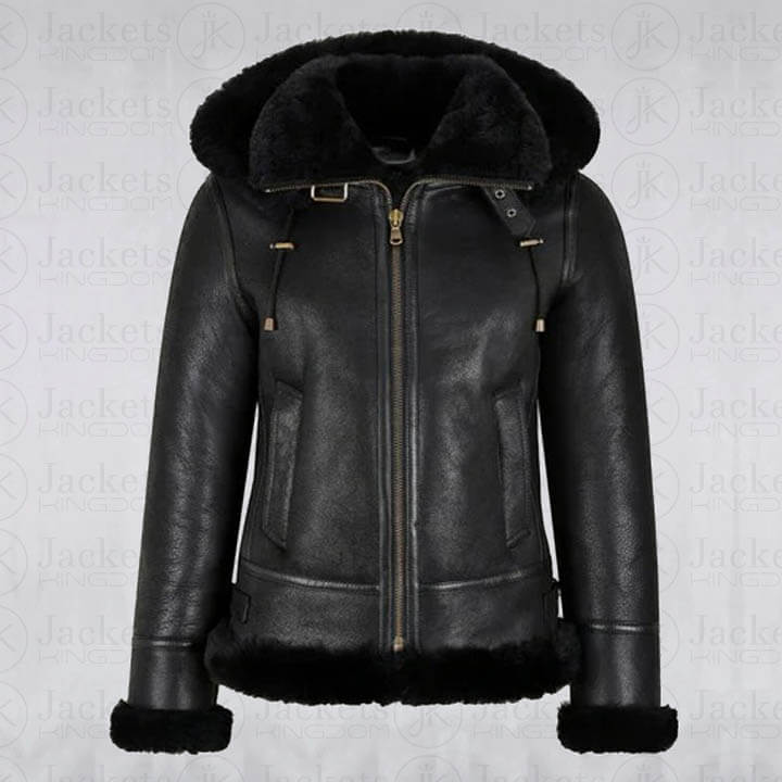 Veste à capuche classique en peau de mouton noir pour femme B3 Bomber