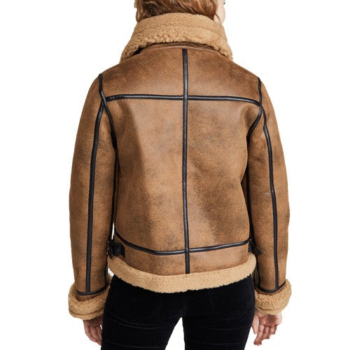 Blouson aviateur en cuir et peau de mouton retournée marron B3 pour femme