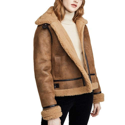 Blouson aviateur en cuir et peau de mouton retournée marron B3 pour femme