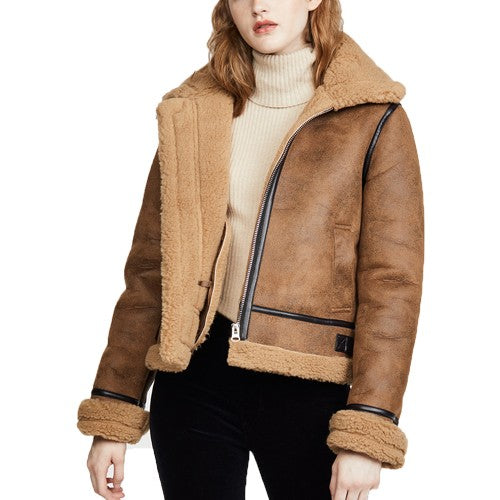 Blouson aviateur en cuir et peau de mouton retournée marron B3 pour femme