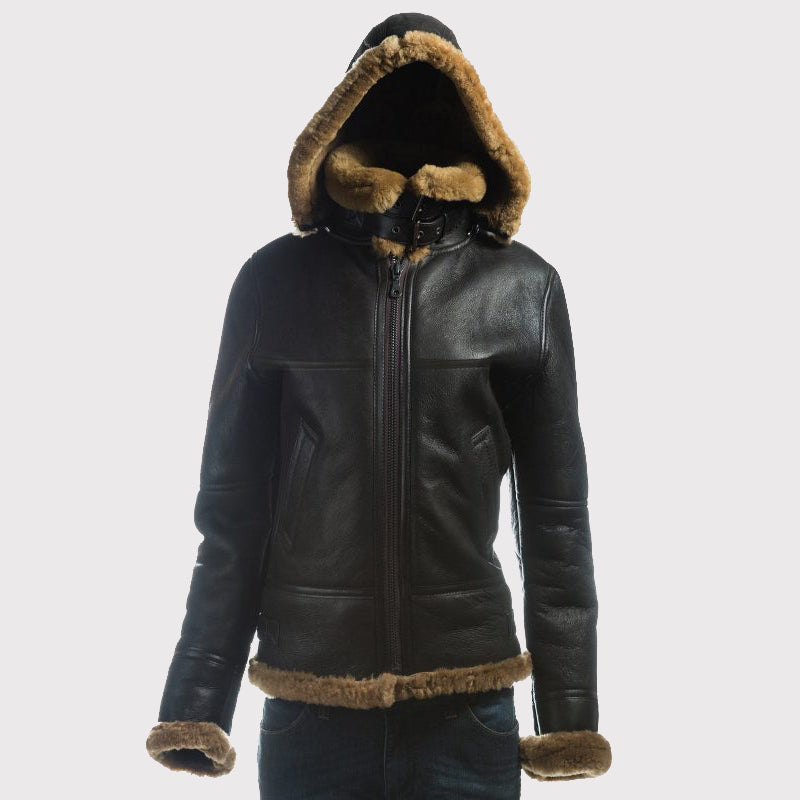 Blouson aviateur en peau de mouton B3 pour femme avec capuche amovible