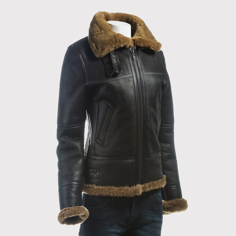 Blouson aviateur en peau de mouton B3 pour femme avec capuche amovible