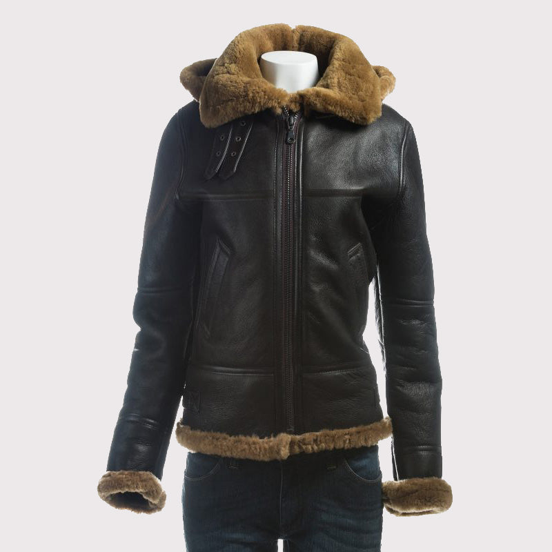 Blouson aviateur en peau de mouton B3 pour femme avec capuche amovible