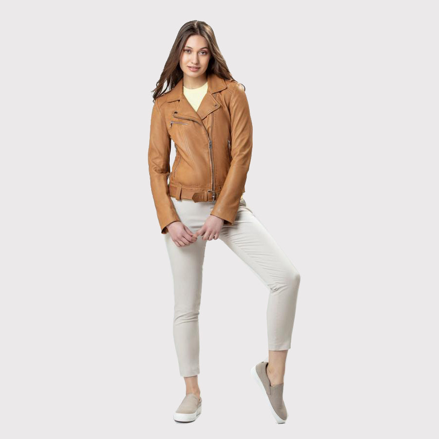 Belle veste en cuir couleur camel pour femme