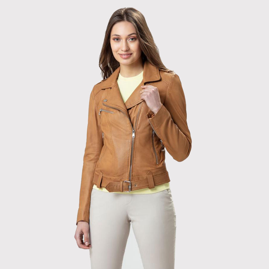 Belle veste en cuir couleur camel pour femme