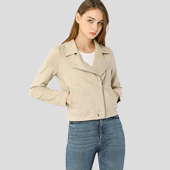 Beige Bikerjacke aus Wildleder mit Reißverschluss für Damen