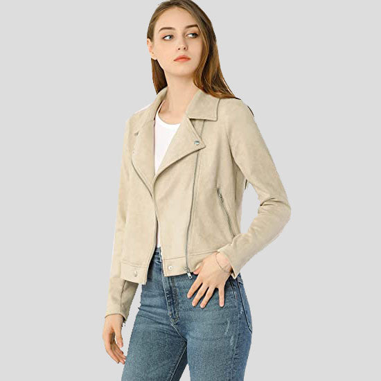 Beige Bikerjacke aus Wildleder mit Reißverschluss für Damen