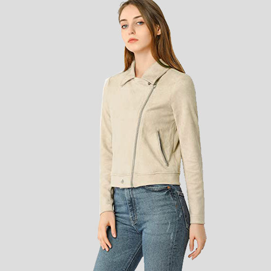 Beige Bikerjacke aus Wildleder mit Reißverschluss für Damen