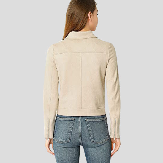 Beige Bikerjacke aus Wildleder mit Reißverschluss für Damen