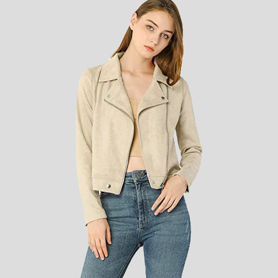 Beige Bikerjacke aus Wildleder mit Reißverschluss für Damen