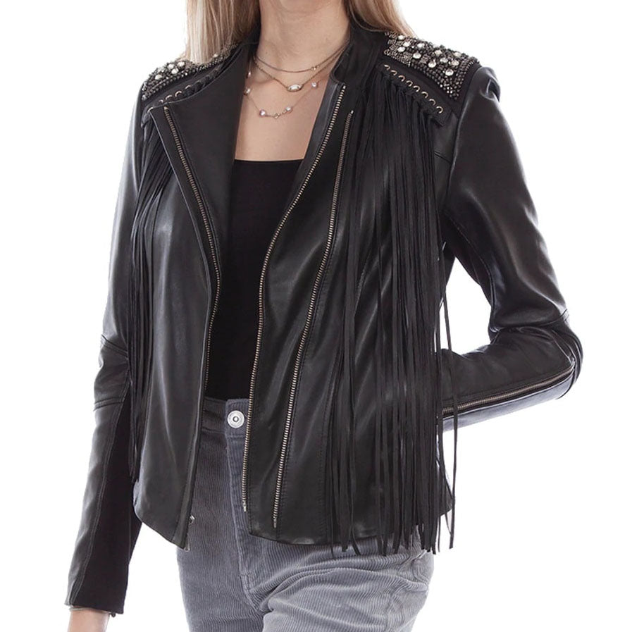 Veste cloutée à franges en cuir d'agneau noir pour femme