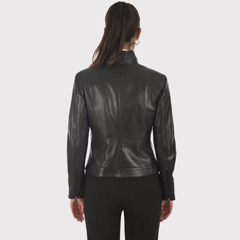 Veste style motard en cuir d'agneau noir pour femme