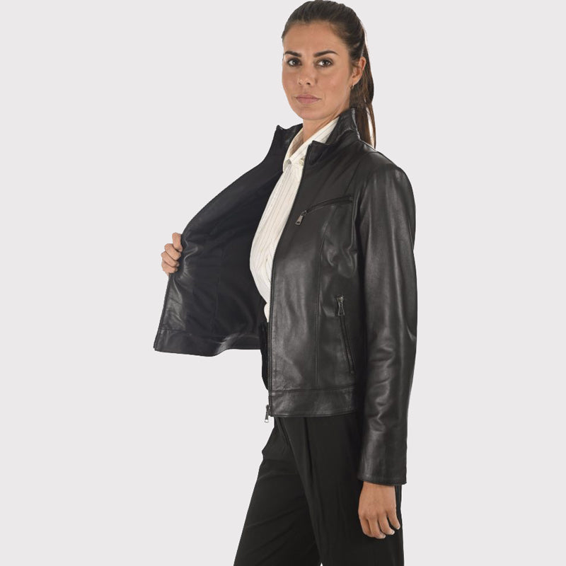 Veste style motard en cuir d'agneau noir pour femme