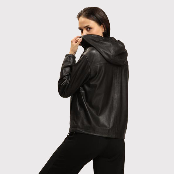 Veste en cuir d'agneau noir pour femme avec capuche amovible