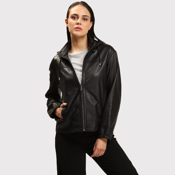 Veste en cuir d'agneau noir pour femme avec capuche amovible