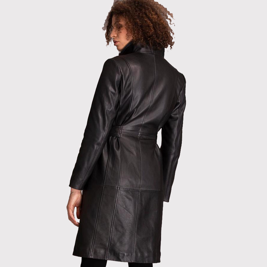 Manteau en cuir d'agneau noir pour femme au style féminin