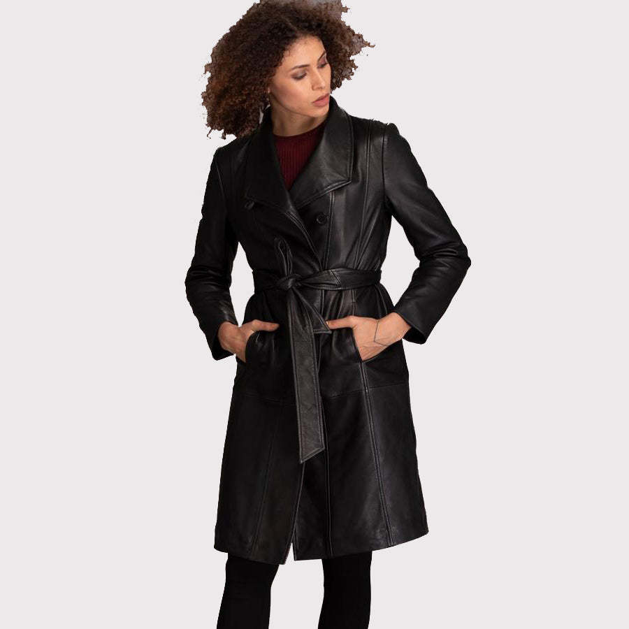 Manteau en cuir d'agneau noir pour femme au style féminin