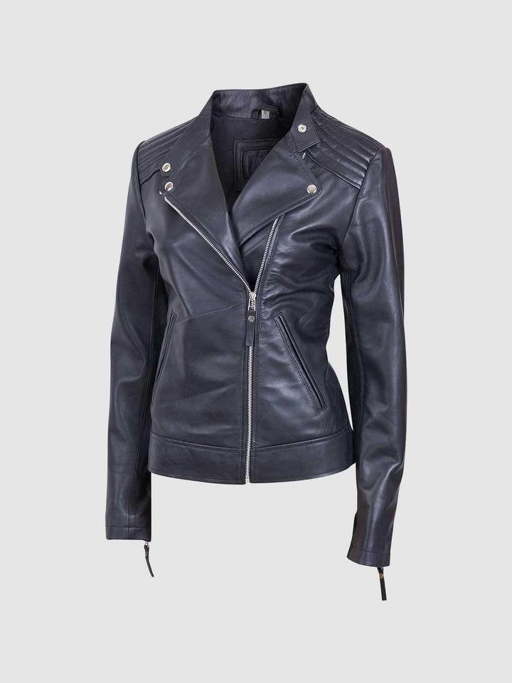 Veste de motard en cuir noir pour femme avec fermeture éclair et col à revers