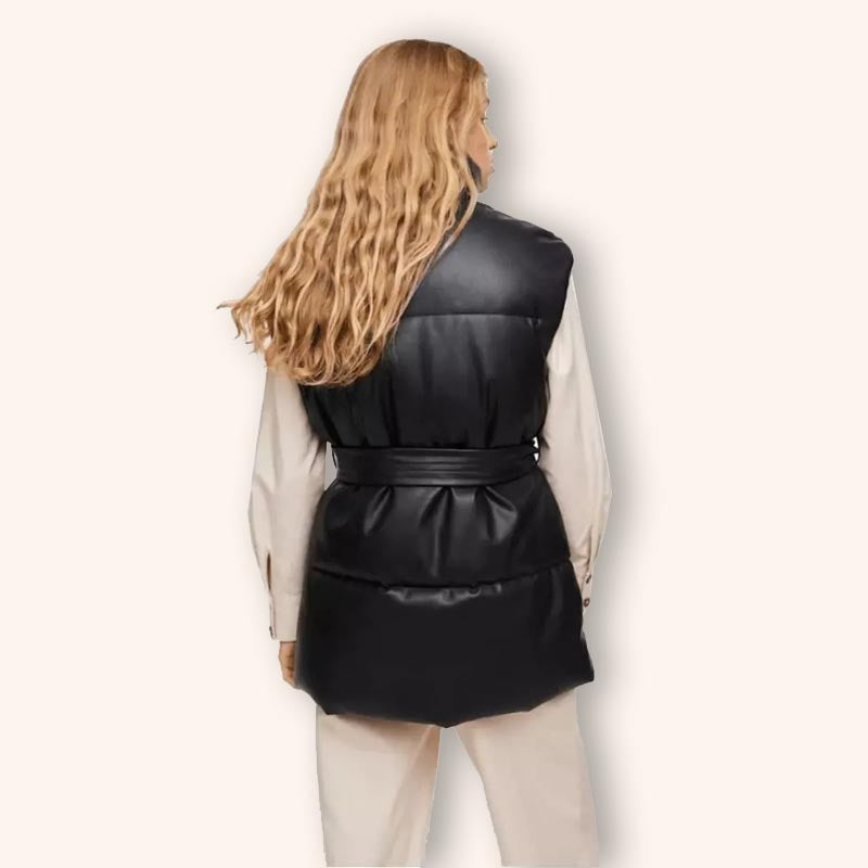 Gilet matelassé en cuir noir pour femme