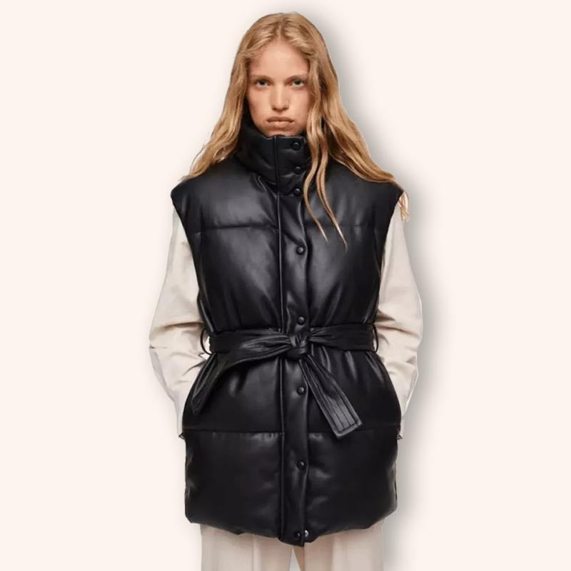 Gilet matelassé en cuir noir pour femme