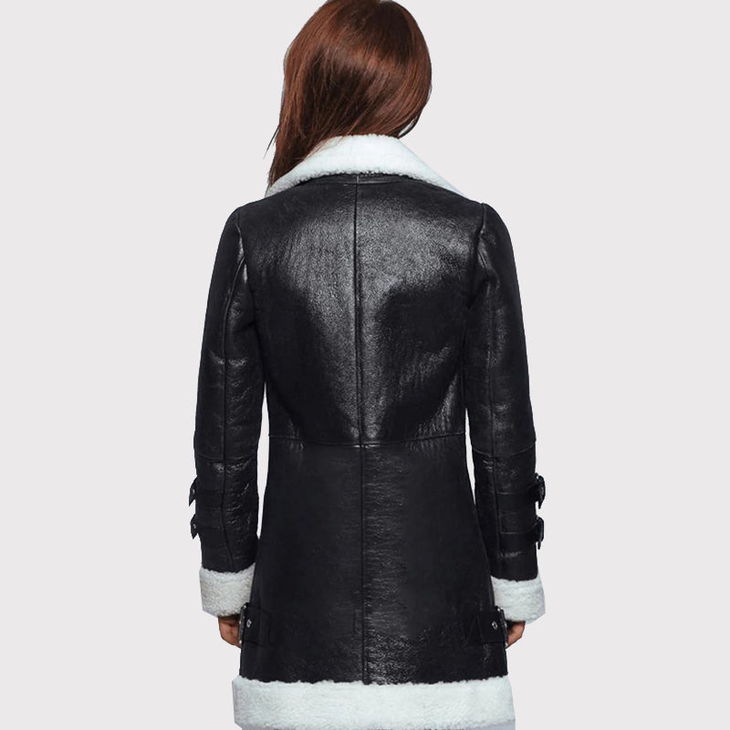 Manteau long en cuir noir avec peau de mouton blanche pour femme