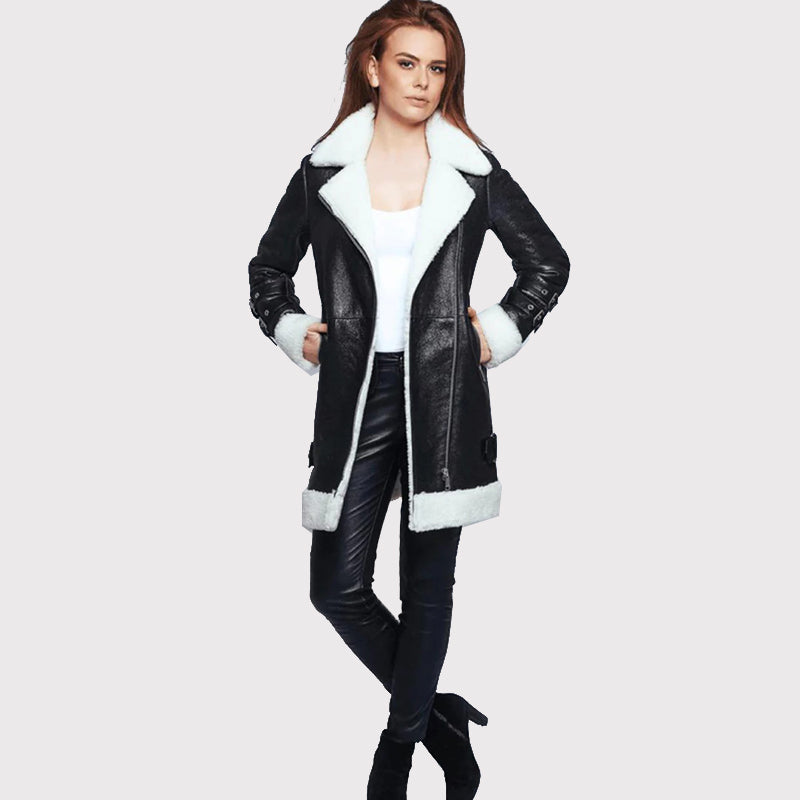 Manteau long en cuir noir avec peau de mouton blanche pour femme