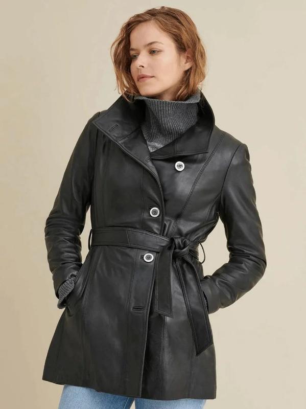 Manteau en cuir noir uni pour femme