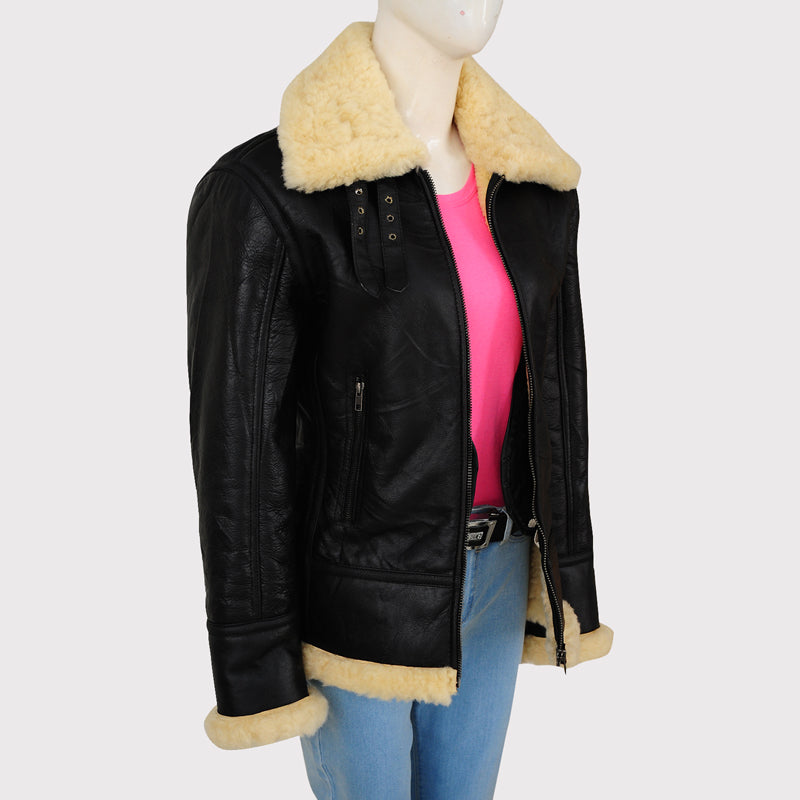 Blouson aviateur B3 en peau de mouton noire pour femme