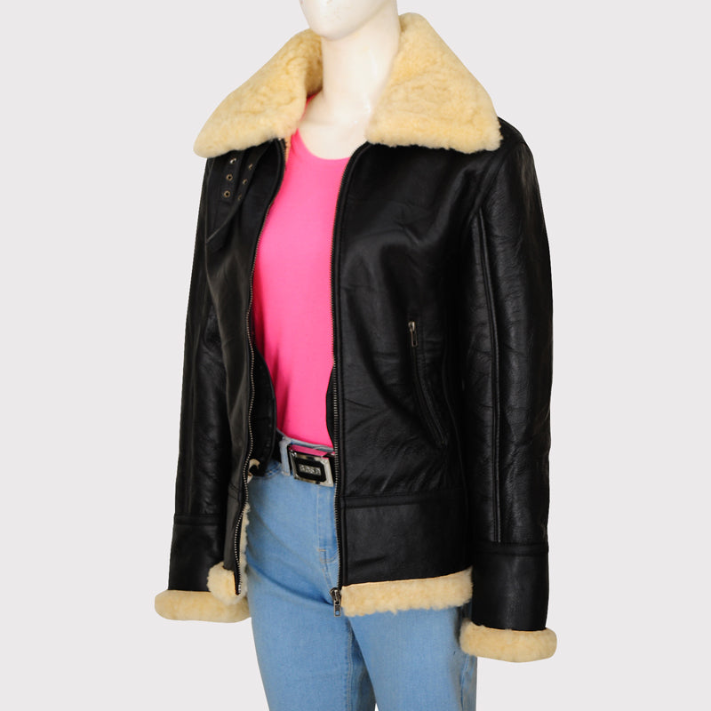 Blouson aviateur B3 en peau de mouton noire pour femme