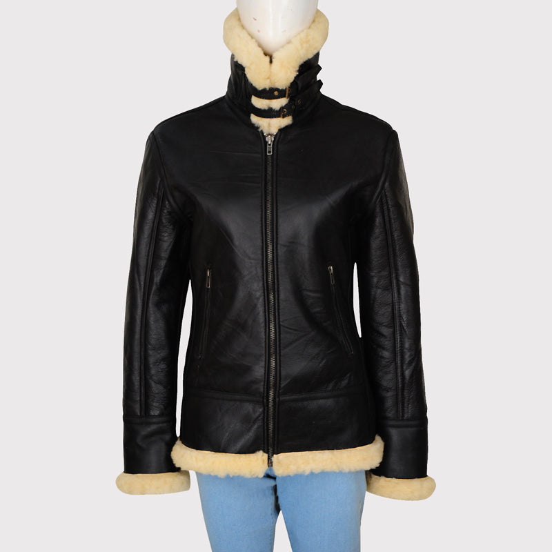 Blouson aviateur B3 en peau de mouton noire pour femme