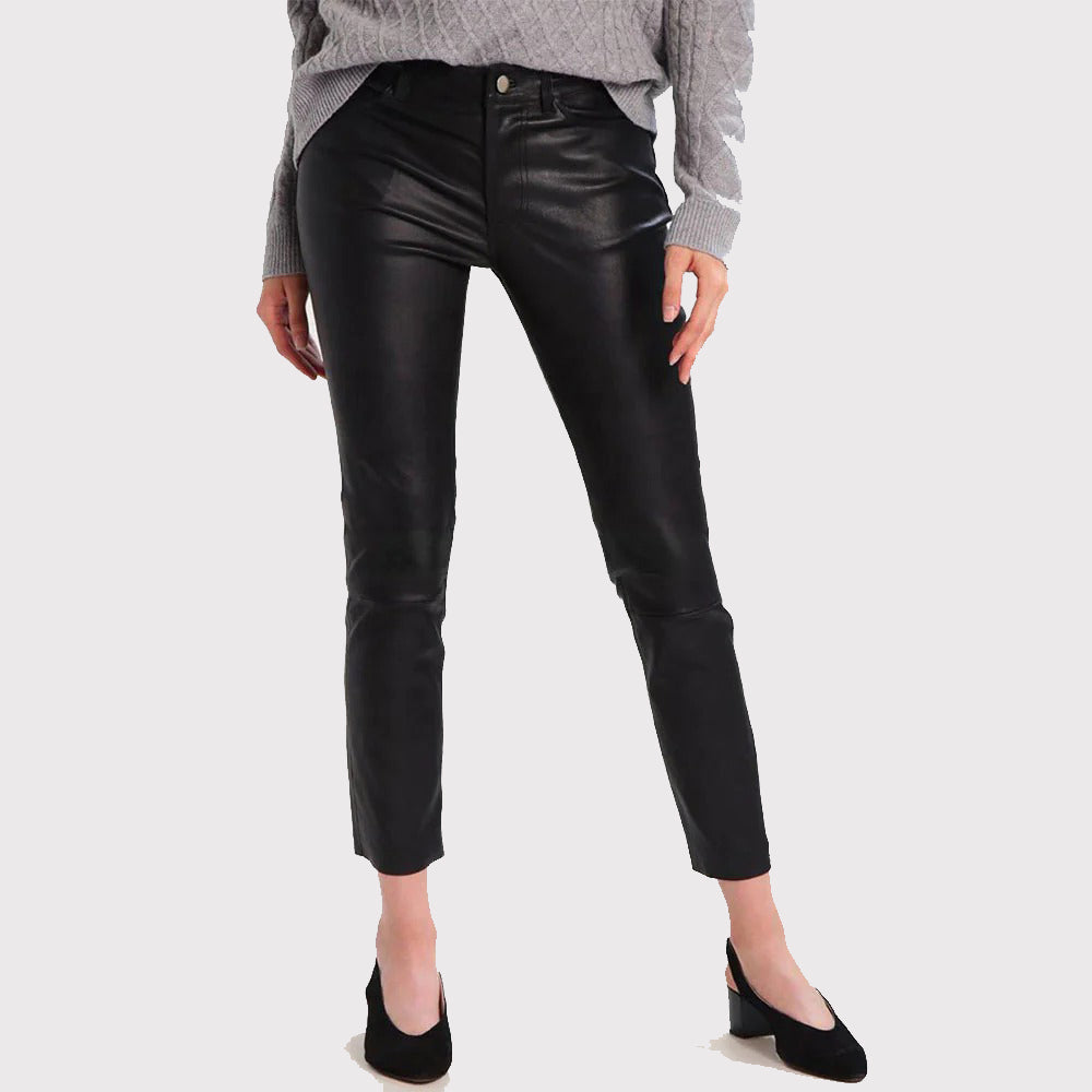 Pantalon en jean skinny en cuir noir pour femme