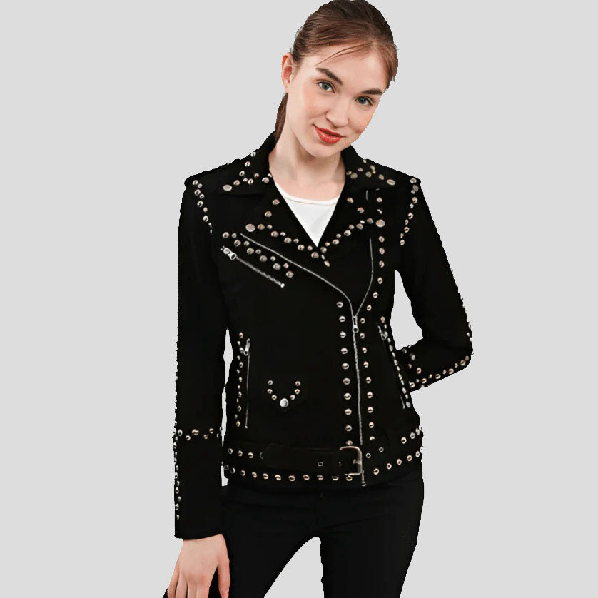 Women's Black Studded Suede Leather Biker Jacket