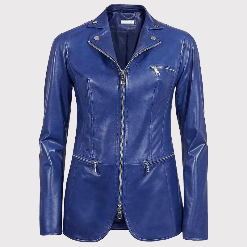 Blaue Blazerjacke aus Leder für Damen