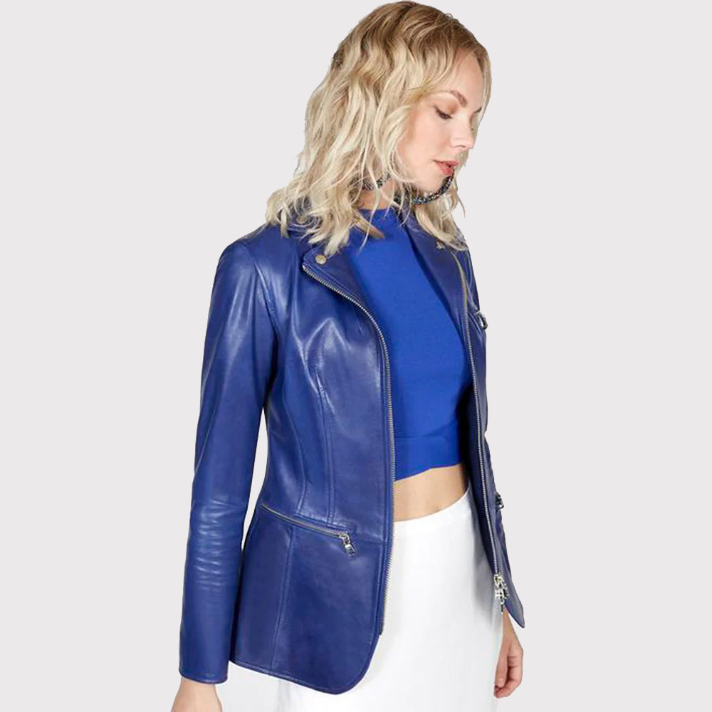 Blaue Blazerjacke aus Leder für Damen